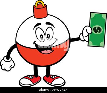Fishing Bobber Mascot with Dollar- A Cartoon Illustration of a Fishing Bobber Mascot with a Dollar. Stock Vector