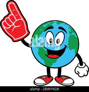 Earth Mascot with Foam Finger - A cartoon illustration of an Earth Mascot with a Foam Finger. Stock Vector