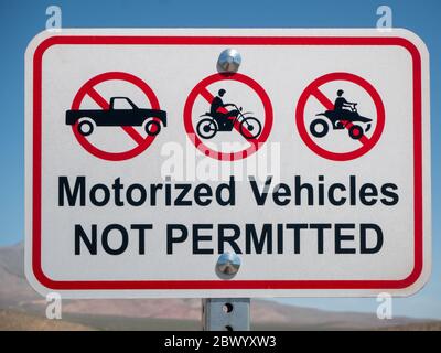 No motorized vehicles sign along a desert hiking and bicycling trail Stock Photo