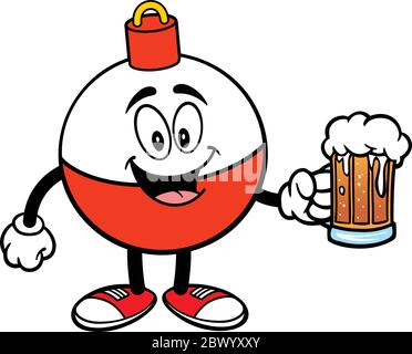 Fishing Bobber Mascot with Beer- A Cartoon Illustration of a Fishing Bobber Mascot with a Beer. Stock Vector