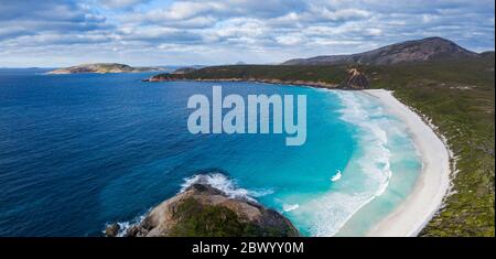 Aerial panoramic view of Hellfire Bay in Cape Le Grand National Park, Esperance, Western Australia Stock Photo