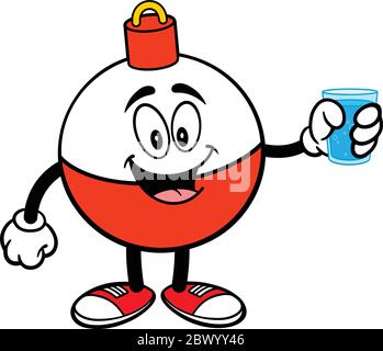 Fishing Bobber Mascot with Water- A Cartoon Illustration of a Fishing Bobber Mascot with a Glass of Water. Stock Vector