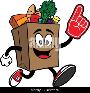 Grocery Bag Mascot Running with a Foam Finger- A Cartoon Illustration of a Grocery Bag Mascot Running with a Foam Finger. Stock Vector