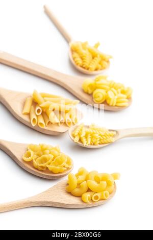 Various types of raw italian pasta  in wooden spoons isolated on white background. Stock Photo