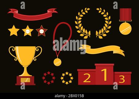 Award icons. Web site. Set of trophy cups, ribbons, stars, laurel wreath, winners podium. Vector illustration Stock Photo
