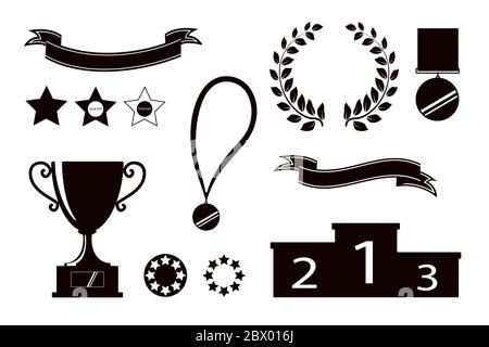 Award icons. Web site. Set of silhouettes of trophy cups, ribbons, stars, laurel wreath, winners podium. Vector illustration Stock Photo