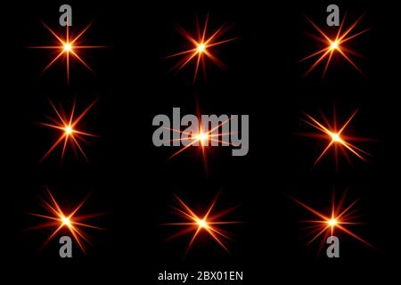 Lens flare and light streak collection. Light Effects Pack. Set of Gold glowing lights on back background. Spark, star burst, flash for overlay. 3D re Stock Photo
