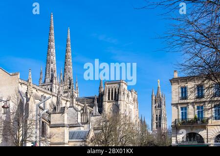 Bordeaux in France, the beautiful Pey Berland tower in the center, and the Saint-Andre cathedral Stock Photo