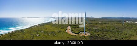 Aerial panoramic view of the wind turbines on the coast at Esperance Wind Farm in Western Australia Stock Photo