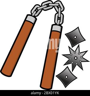 Nunchaku and Throwing Stars- An Illustration of Nunchaku and Throwing Stars. Stock Vector