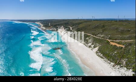 Aerial panoramic view of the wind farm  turbines on the coast at Ten Mile Lagoon Beach, near Esperance in Western Australia Stock Photo