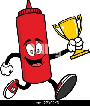 Ketchup Running with Trophy- A Cartoon Illustration of a Ketchup Bottle Running with a Trophy. Stock Vector
