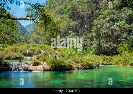 Long exposure photograph of the Semuc Champey Cascades along the Cahabon river, Peten Rainforest, Guatemala. Stock Photo