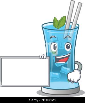 Cartoon character design of blue hawai cocktail holding a board Stock Vector