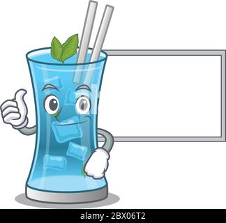 Blue hawai cocktail cartoon design with Thumbs up finger bring a white board Stock Vector