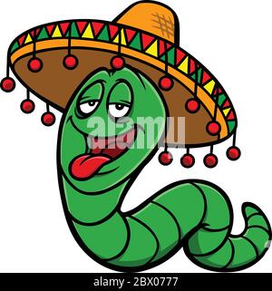 Vector illustration of a cartoon drunk tequila worm holding a bottle of ...