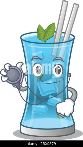 Smiley doctor cartoon character of blue hawai cocktail with tools Stock Vector