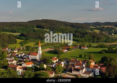 Scenic view over the town Zell in Upper Palatinate, Bavaria, Germany in late afternoon sunlight Stock Photo