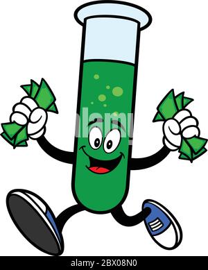 Test Tube Running with Money - A cartoon illustration of a Test Tube Mascot Running with Money. Stock Vector