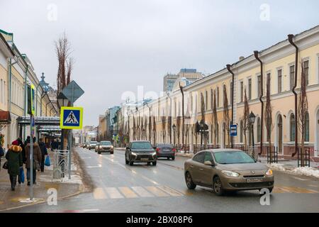 KAZAN, RUSSIA - JANUARY 5 2020: View of car traffic on Kremlin street in the afternoon in cloudy weather Stock Photo