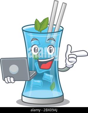 Smart cartoon character of blue hawai cocktail studying at home with a laptop Stock Vector