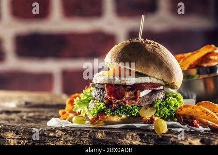 Hamburger with fried egg, bacon, lettuce and potato wedges in a rustic environment Stock Photo