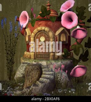 Enchanted teapot house with pink bluebell Stock Photo