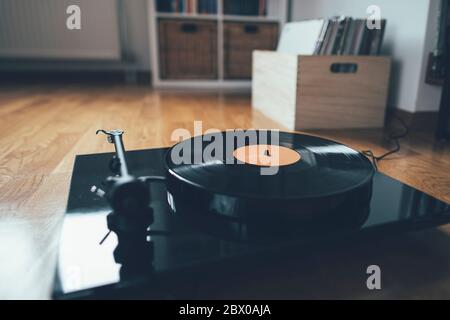 Low angle view of turntable on the room floor Stock Photo