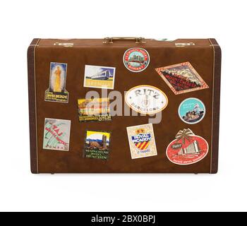 Old Vintage Leather Suitcase with Travel Stickers Stock Photo - Alamy