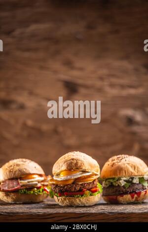 Cheeseburger, chicken burger and beef burger with blue cheese and cranberry sauce in a rustic surroundings Stock Photo