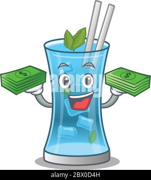 A wealthy blue hawai cocktail cartoon character with much money Stock Vector
