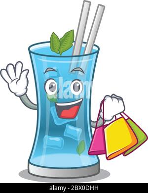 wealthy blue hawai cocktail cartoon character with shopping bags Stock Vector