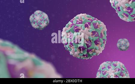 Human Rhinovirus Picornavirus under the microscope 3D illustration with depth of field Stock Photo