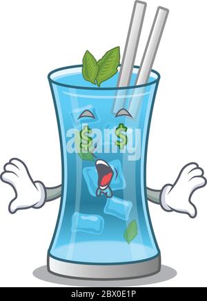 wealthy cartoon character concept of blue hawai cocktail with money eyes Stock Vector