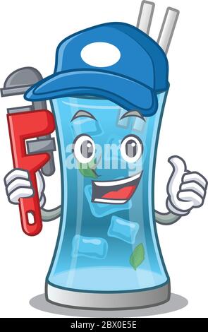 cartoon character design of blue hawai cocktail as a Plumber with tool Stock Vector