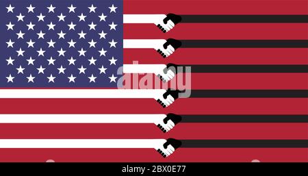 The flag of the United States of America has a white and black stripe showing the handshake symbol for reconciliation / hope for racism in America wil Stock Vector