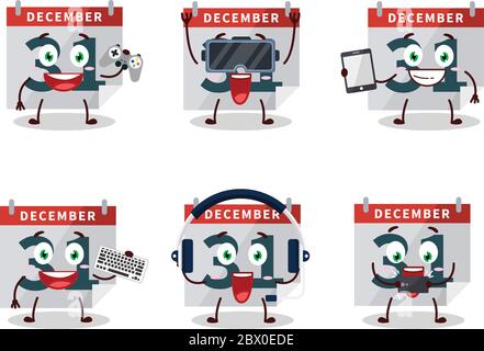 December 31th calendar cartoon character are playing games with various cute emoticons Stock Vector