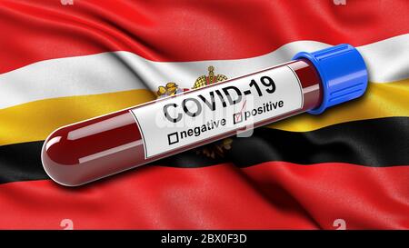 Flag of Kursk Oblast waving in the wind with a positive Covid-19 blood test tube. Stock Photo