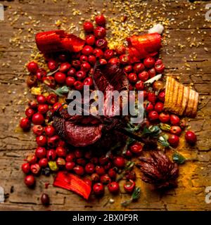 Shot of spicy ingredients on a wooden table background Stock Photo