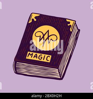 Witch spell book. Mystical alchemy recipes. Astrology symbol. Magic Boho illustration. Hand drawn engraved sketch for tattoo or t-shirt. Stock Vector