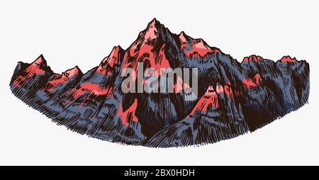 Mountain peaks, vintage rock, old highlands range. Chamonix-Mont-Blanc. Hand drawn vector Alps sketch in engraved style. Vector illustration for Stock Vector