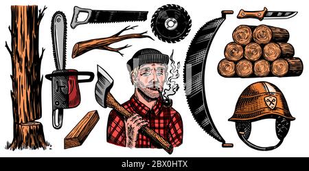 Lumberjack with axe. Woodsman character and work tools Set. Downed logs, Saw or chainsaw. Hand drawn elements. Logger or axeman or woodcutter. Vector Stock Vector