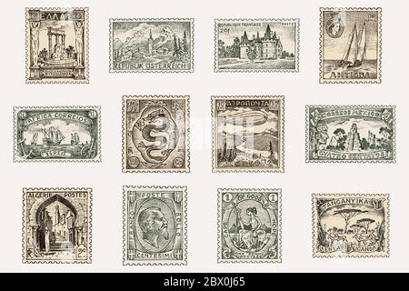 Vintage Postage stamps set. Ancient etching landscapes, dragon and sailing ship. Retro old Sketch. Monochrome Postcard. Hand drawn engraved retro mark Stock Vector
