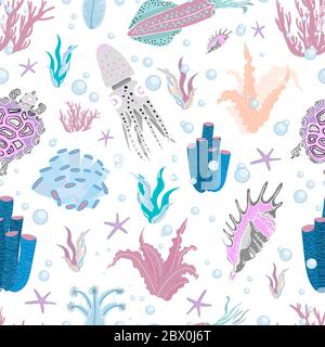 BRIGHT SUMMER MARINE PATTERN. fish and underwater inhabitants of PATTERN. Blue, pink. Trend colors. Vector seamless illustration. Octopus, squid Stock Vector