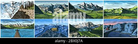 Mountain landscape backgrounds set. Alpine peaks and Traveler with a tent. Vintage Mount. Travel concept. Hand drawn engraved sketch for outdoor Stock Vector