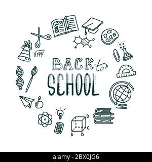 Back to school round banner with lettering. Hand drawn objects needed in school and associated with education. Vector illustration in doodle style Stock Vector