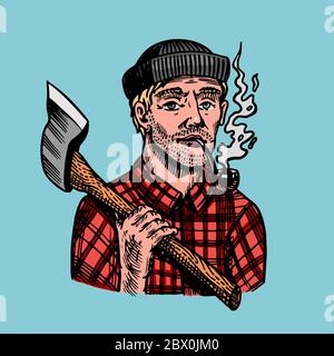 lumberjack with an ax in a red shirt. Feller or woodcutter with a pipe. Hand drawn vintage retro logger character sketch for poster or logo, label or Stock Vector