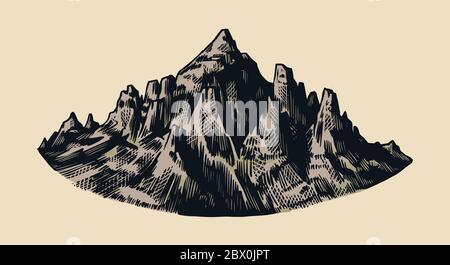 Mountain peaks, vintage rock, old highlands range. Chamonix-Mont-Blanc. Hand drawn vector Alps sketch in engraved style. Vector illustration for Stock Vector