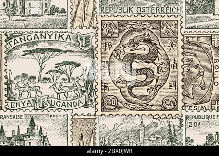 Vintage Postage stamps seamless pattern. Retro old Sketch for poster or banner. Monochrome Background. Hand drawn engraved retro mark, frames Stock Vector