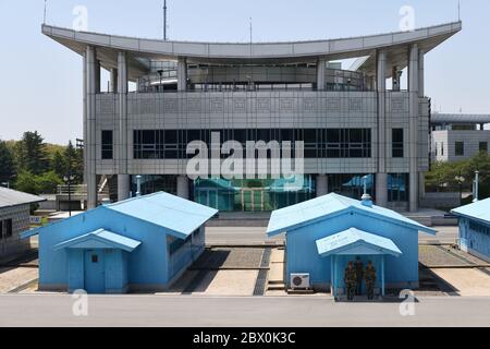 Panmunjom, North Korea - May 5, 2019: The demilitarized zone between South and North Korea. View from North Korea (DPRK) Stock Photo